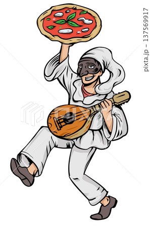 Pulcinella mascot  delivers pizza to Naples. Vector Illustration 137569917