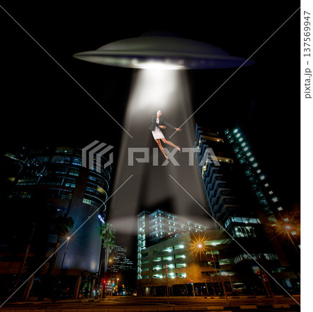 UFO spaceship, person and abduction in street, city and tractor beam for abduction, search and light. UAP ship, flying saucer and lights in dark cityscape, metro and cbd for galaxy, flight or woman 137569947
