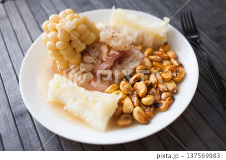 Peruvian traditional dish.fish ceviche with yuka and corn 137569983