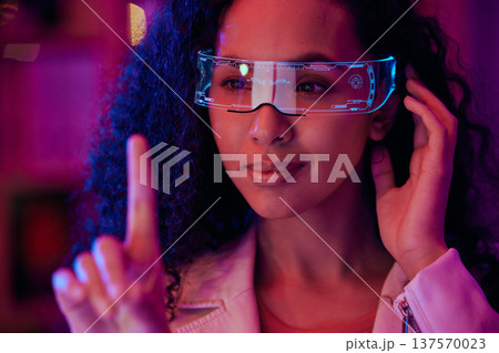 Virtual reality, woman and press screen with digital world, metaverse and 3D, password and fingerprint for identity. Cybersecurity, VR and future tech with scifi, privacy lock and data protection 137570023