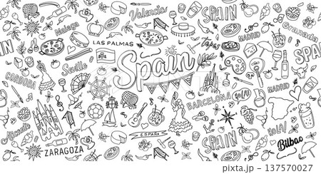 Spain Doodle Art horizontal Banner. Illustration  Hand Drawn 137570027
