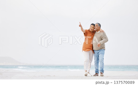Beach, mockup and mature happy couple point at outdoor view, tropical advertising space or travel holiday destination. Retirement journey, relax walk and nature man, old woman or marriage people bond 137570089