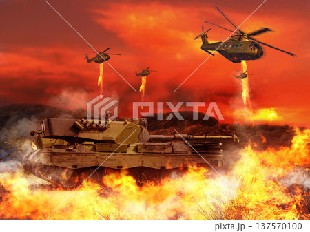Tank, army and helicopter with fire explosion for combat, military and conflict for fight in city. Warrior, apocalypse and airforce with bombs for armed forces, defense and warfare in battlefield Tank, army and helicopter with fire explosion for combat, military and conflict for fight in city. Warrior, apocalypse and airforce with bombs for armed forces, defense and warfare in battlefield 137570100