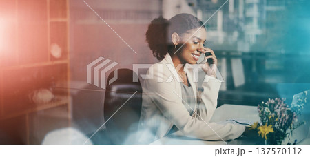 Business, phone call and black woman in international communication with client for networking, b2b or contact. Corporate, virtual assistant or receptionist talking on smartphone and typing on pc 137570112