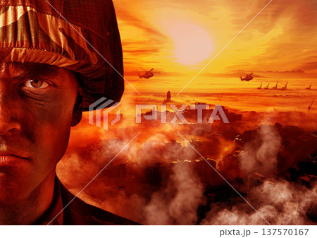 Conflict, army and portrait of soldier with fire in warzone for service, military duty or battle in camouflage. Apocalypse, fight and face of man with helicopter for armed forces, defense or warfare 137570167