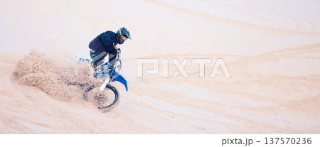Motorcycle, person and extreme sport in desert for training with fitness, balance or challenge in nature on mock up space. Bike, freedom and adventure for competition and talent with safety gear 137570236