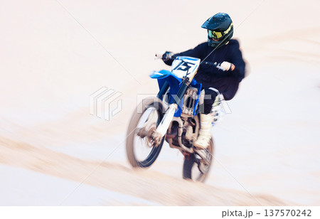 Sand, hill or athlete with motorbike for action, adventure or fitness with performance for adrenaline. Fast, speed or sports person on motorcycle on dunes for training, exercise or race or challenge Sand, hill or athlete with motorbike for action, adventure or fitness with performance for adrenaline. Fast, speed or sports person on motorcycle on dunes for training, exercise or race or challenge 137570242