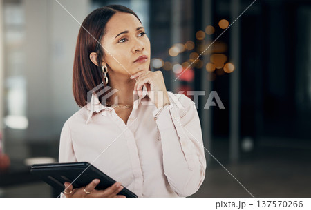 Woman in office thinking with tablet, night and ideas for HR schedule and online feedback in overtime. Internet, networking and digital insight, businesswoman in late work at human resources agency. 137570266