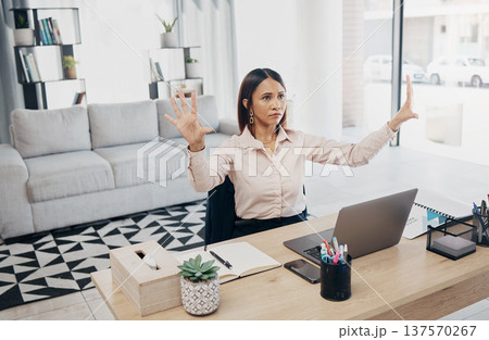 Digital, invisible screen and business woman in office with hands in hologram, virtual tech or ai programming technology. Futuristic, ux and entrepreneur with innovation in corporate workplace 137570267