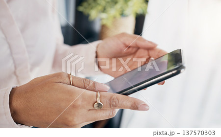 Hands, tablet and closeup for business woman, planning app or reading email notification in office. Entrepreneur, employee and digital touchscreen with data analysis, contact or schedule in workplace Hands, tablet and closeup for business woman, planning app or reading email notification in office. Entrepreneur, employee and digital touchscreen with data analysis, contact or schedule in workplace 137570303