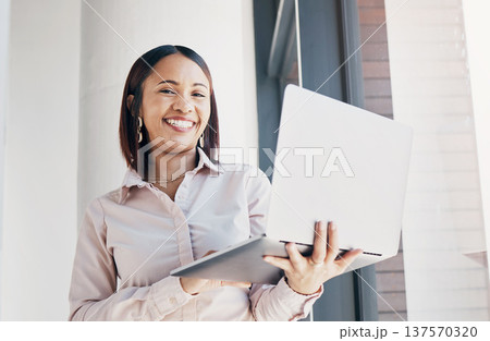 Portrait of happy woman in office with laptop, research or ideas for HR schedule and online feedback. Internet, networking or website search, businesswoman with smile at human resources agency Portrait of happy woman in office with laptop, research or ideas for HR schedule and online feedback. Internet, networking or website search, businesswoman with smile at human resources agency 137570320