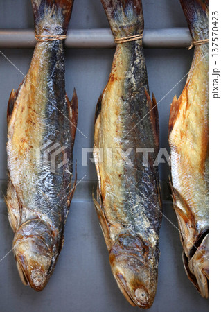 香港・徳輔道西で売られる塩干し魚（ハムユイ）。クサヤに似ていで臭いが美味。かつては安かったが今は高価 137570423