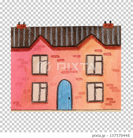 Cozy two-story watercolor house. Hand drawn illustration of a red brick building with a blue door. Urban buildings and country estates. 137570448