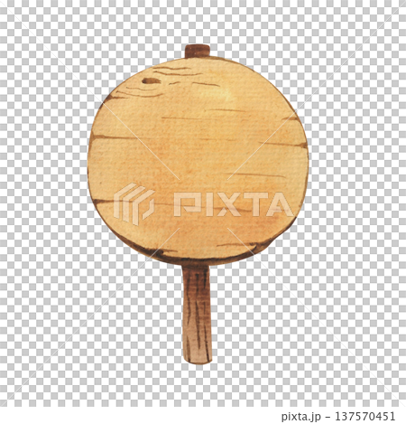 Illustration of a round sign, a wooden board signpost, hand-drawn in watercolor. Information board with a blank space. Illustration of a round sign, a wooden board signpost, hand-drawn in watercolor. Information board with a blank space. 137570451