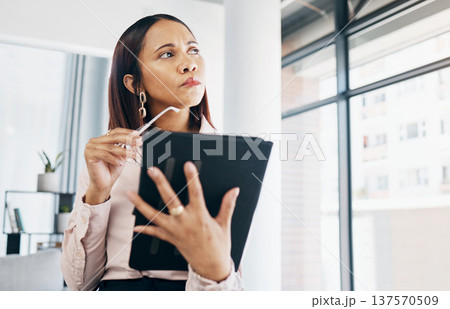 Businesswoman in workplace with tablet, thinking and decision for review online, HR schedule or email feedback. Research ideas, networking and digital communication, woman at human resources office. Businesswoman in workplace with tablet, thinking and decision for review online, HR schedule or email feedback. Research ideas, networking and digital communication, woman at human resources office. 137570509