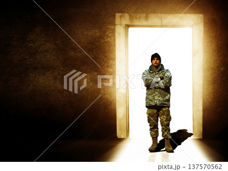 Military, crossed arms and man leaving at door for service, army duty and battle in camouflage uniform. Mockup, professional and portrait of soldier at entrance for armed forces, defense and marines Military, crossed arms and man leaving at door for service, army duty and battle in camouflage uniform. Mockup, professional and portrait of soldier at entrance for armed forces, defense and marines 137570562