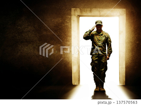 Military, door and soldier salute for leaving home for service, army duty and battle in camouflage uniform. Mockup, war hero and man at entrance ready for armed forces, country and marine defense Military, door and soldier salute for leaving home for service, army duty and battle in camouflage uniform. Mockup, war hero and man at entrance ready for armed forces, country and marine defense 137570563