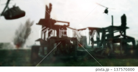 Military, warzone and apocalypse with helicopter on battlefield for missile, army and bomb launch. Warrior, solider and target with fight and explosion in city for mission, rocket and nuclear attack 137570800