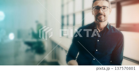 Portrait, mockup and professional man, designer or expert with job experience, career or startup agency work. Advertising company light, pride and creative person confident in design business 137570801