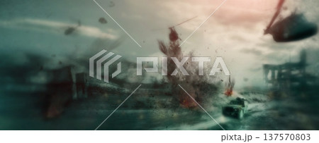 Army, warzone and explosion with conflict on battlefield for military, nuclear missile launch and apocalypse. Warrior, bomb and attack with target on city for banner, destruction and Armageddon 137570803