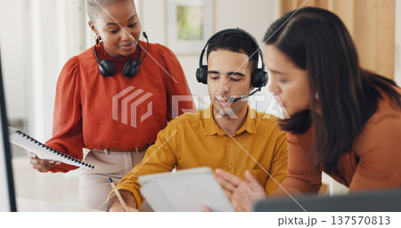 Documents, call center or telemarketing team training with sales consultants for customer support. Diversity, teamwork or woman teaching in conversation for crm management, coaching or education 137570813
