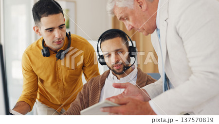 Call center, manager and team with tablet in office, internship for customer service agent. Coaching, learning and online crm report, man and telemarketing consultant at desk to help in digital sales Call center, manager and team with tablet in office, internship for customer service agent. Coaching, learning and online crm report, man and telemarketing consultant at desk to help in digital sales 137570819