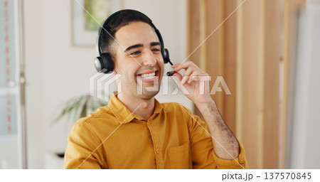 Call center, man and consulting at computer with smile for CRM questions, FAQ contact and IT support. Happy telemarketing agent, salesman and communication of telecom advisory, solution and help desk 137570845