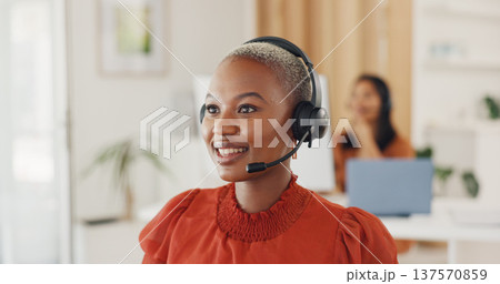 Call center, black woman and online consulting in office for CRM questions, FAQ contact and IT support. Happy telemarketing agent at computer for sales advisory, telecom solution or offer client help 137570859