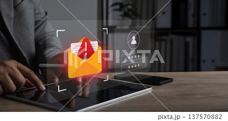 Phishing protection and email authentication cyber crime showing tablet alert cyber security envelope icon and password login interface symbolizing cyber security defense. Phishing protection and email authentication cyber crime showing tablet alert cyber security envelope icon and password login interface symbolizing cyber security defense. 137570882