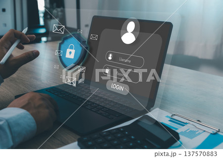 secure mail server Secure business email login on laptop with digital shield and encryption interface. Cybersecurity, data protection, password authentication and privacy concept online communication. 137570883