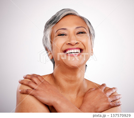 Beauty, studio portrait and mature happy woman with anti aging routine, skincare glow or aesthetic facial cosmetics. Spa face, cosmetology and Mexico person with makeup foundation o white background Beauty, studio portrait and mature happy woman with anti aging routine, skincare glow or aesthetic facial cosmetics. Spa face, cosmetology and Mexico person with makeup foundation o white background 137570929