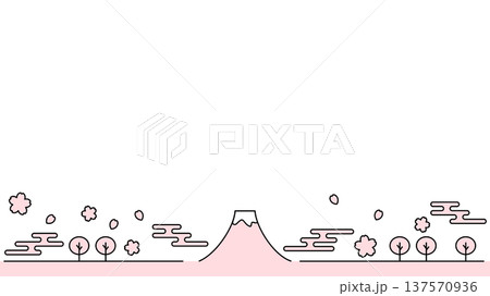 富士山と桜のシンプルな線イラスト ピンク 白背景 16:9ワイド 富士山と桜のシンプルな線イラスト ピンク 白背景 16:9ワイド 137570936