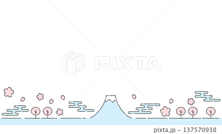 富士山と桜のシンプルな細い線イラスト 水色とピンク 白背景 16:9ワイド 137570938