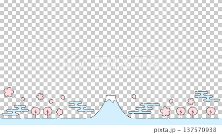 富士山と桜のシンプルな細い線イラスト 水色とピンク 白背景 16:9ワイド 137570938