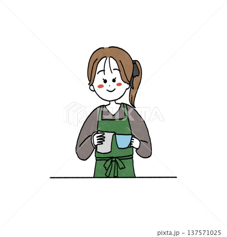 カフェでラテアートをするバリスタの女性のイラスト カフェでラテアートをするバリスタの女性のイラスト 137571025