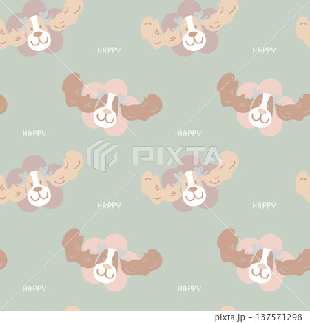 seamless minimal dog puppy with happy text pastel repeat pattern background, flat jpg illustration graphic design 137571298