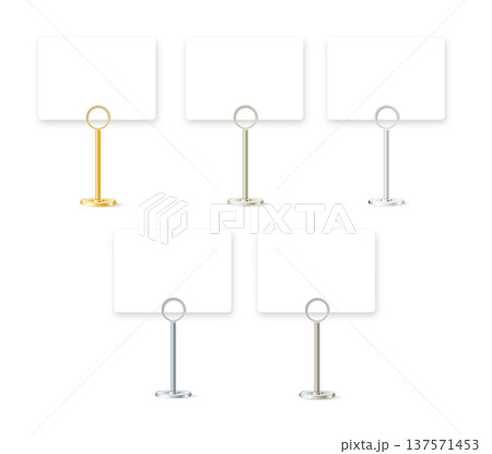 Table stand with metal clip holding blank card for business display. Realistic mockup for restaurant sign, office memo, or desktop message template. Vector Table stand with metal clip holding blank card for business display. Realistic mockup for restaurant sign, office memo, or desktop message template. Vector 137571453