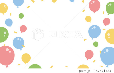 カラフルな風船と紙吹雪が舞い飛ぶ楽しいパーティお祝いの背景フレームベクター素材 137571583