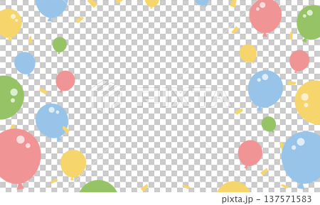 カラフルな風船と紙吹雪が舞い飛ぶ楽しいパーティお祝いの背景フレームベクター素材 137571583