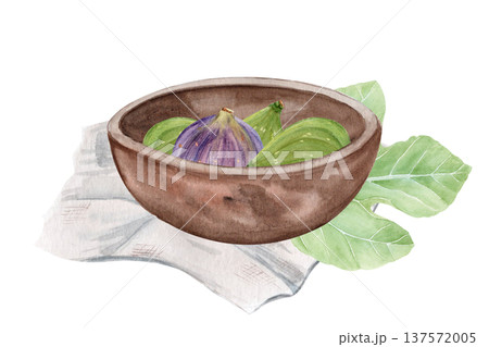 Fresh whole green and purple figs in wooden bowl, green leaf on linen cloth. Hand-painted watercolor still life illustration isolated on white, fruit scene for menu design, recipes, packaging, labels Fresh whole green and purple figs in wooden bowl, green leaf on linen cloth. Hand-painted watercolor still life illustration isolated on white, fruit scene for menu design, recipes, packaging, labels 137572005
