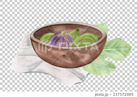 Fresh whole green and purple figs in wooden bowl, green leaf on linen cloth. Hand-painted watercolor still life illustration isolated on white, fruit scene for menu design, recipes, packaging, labels Fresh whole green and purple figs in wooden bowl, green leaf on linen cloth. Hand-painted watercolor still life illustration isolated on white, fruit scene for menu design, recipes, packaging, labels 137572005