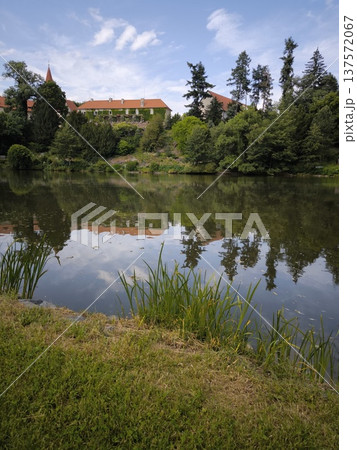 Scenic view of Pruhonice Castle in a sunny summer day with beautiful reflection in the pond, Scenic view of Pruhonice Castle in a sunny summer day with beautiful reflection in the pond, 137572067