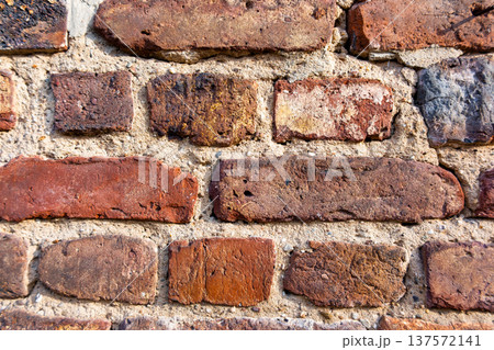 Textured brick wall with various shades of red and brown. The surface shows signs of wear and age, highlighting the rustic appearance of the bricks. Textured brick wall with various shades of red and brown. The surface shows signs of wear and age, highlighting the rustic appearance of the bricks. 137572141