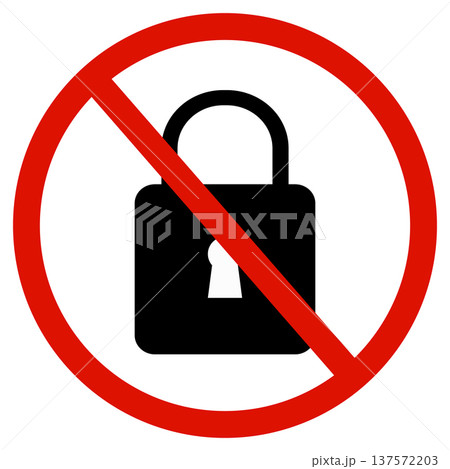No locking icon. Lock is forbidden. Red prohibition sign of lock. Lock prohibited symbol. No lock logo. flat style. 137572203