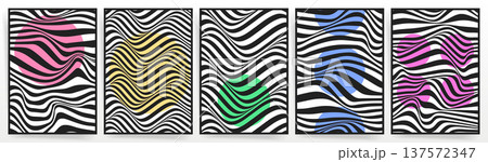 Abstract black and white striped poster set with colorful organic shapes. Modern vector collection 137572347