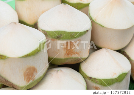 Fresh diamond cut young coconuts ready for drinking at market Fresh diamond cut young coconuts ready for drinking at market 137572912