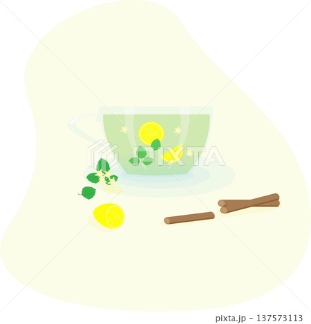 Transparent cup with saucer green tea with lemon, linden and cinnamon. Transparent cup with saucer green tea with lemon, linden and cinnamon. 137573113