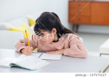 自宅学習する小学生の女の子　 137573227