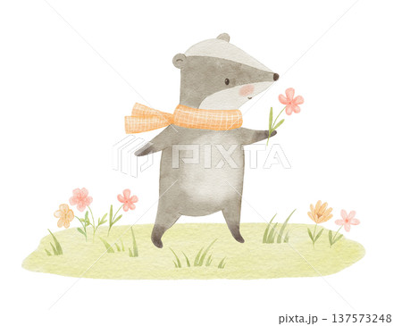 Watercolor cute funny budger with flower on grass. Nature clipart featuring woodland animal for cards and nursery posters. 137573248