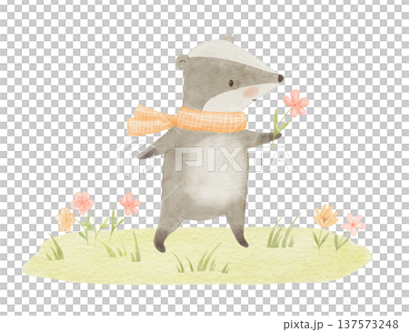 Watercolor cute funny budger with flower on grass. Nature clipart featuring woodland animal for cards and nursery posters. 137573248